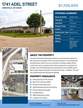 Plus de détails pour 1741 Adel St, Janesville, WI - Industriel à vendre