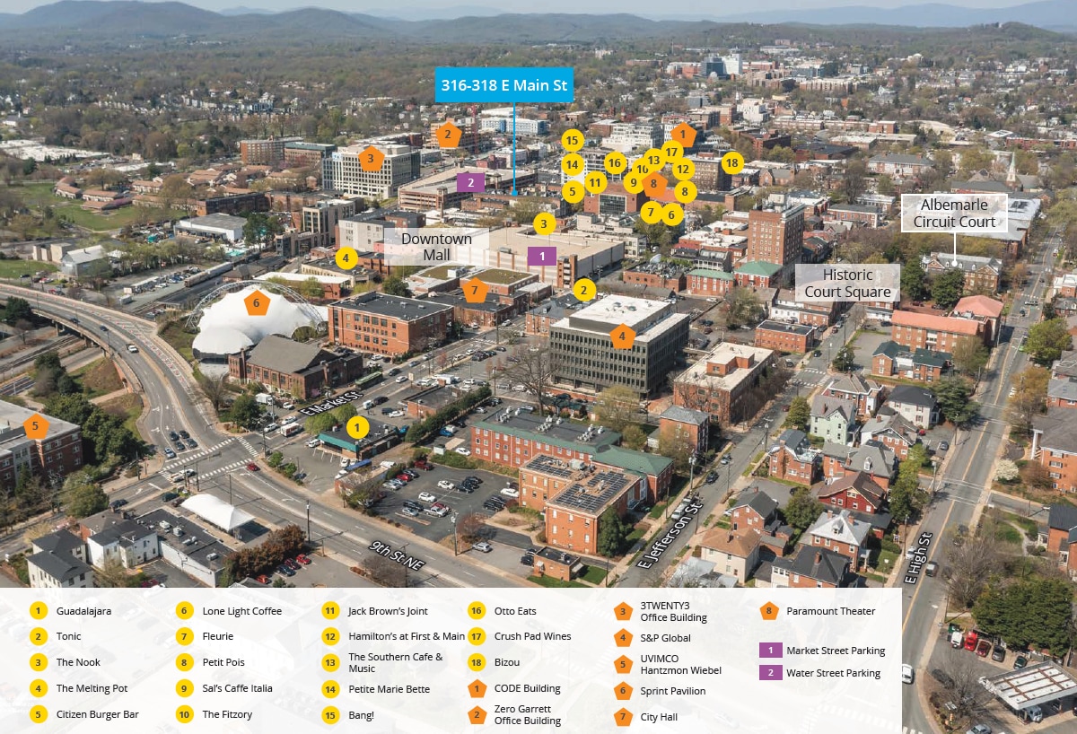 316-318 E Main St, Charlottesville, VA - Aerial map view